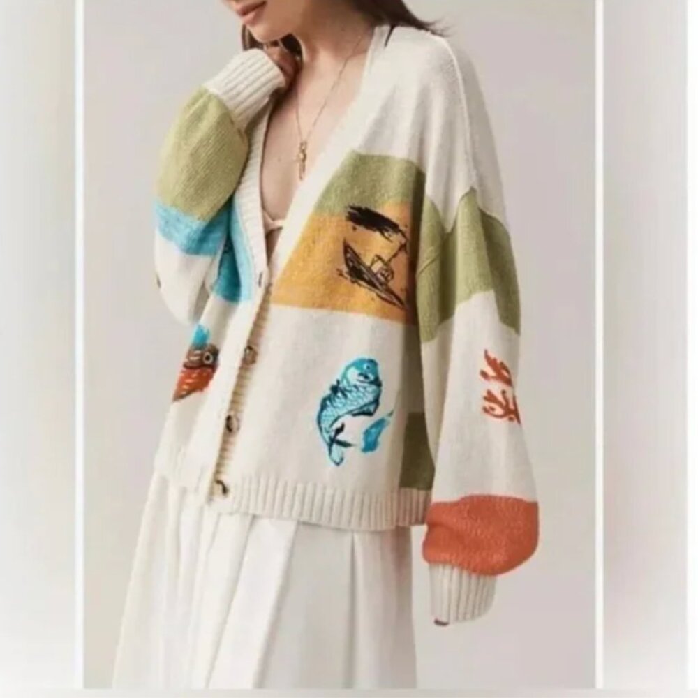 Anthropologie Pilcro Fish Graphic Knit Cardigan Sweater size M - Picture 2 of 8